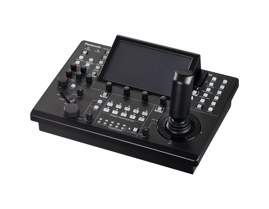 Panasonic AW-RP150GJ remote camera controller with a touch panel and a single joystick