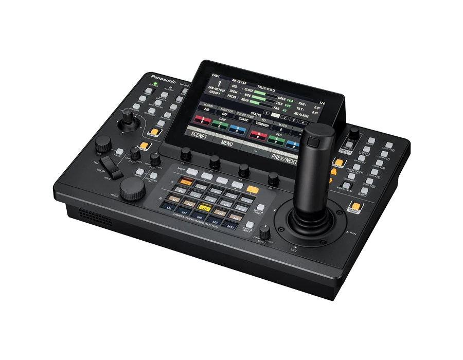 Remote camera controller with a touch screen, two joysticks and color-coded buttons