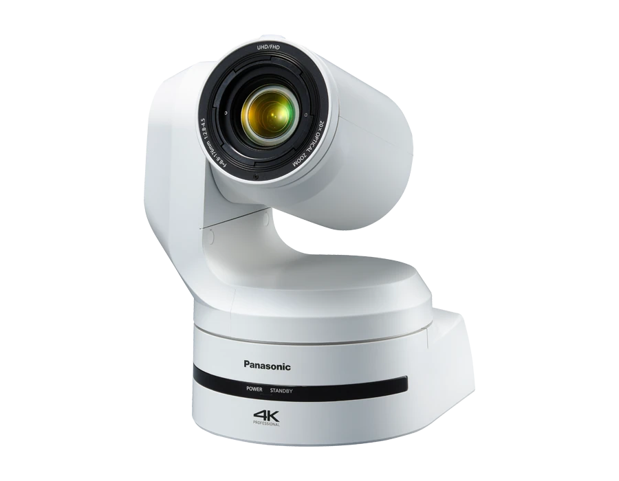 White Panasonic AW-UE150A PTZ camera, front view