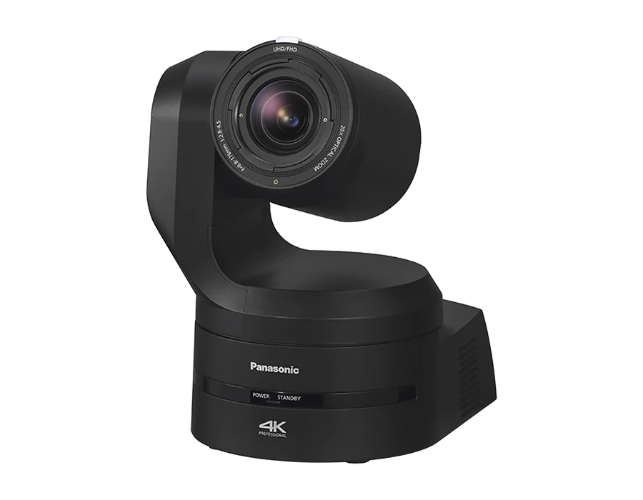 Panasonic AW-UE160 PTZ camera in black, front three-quarter view