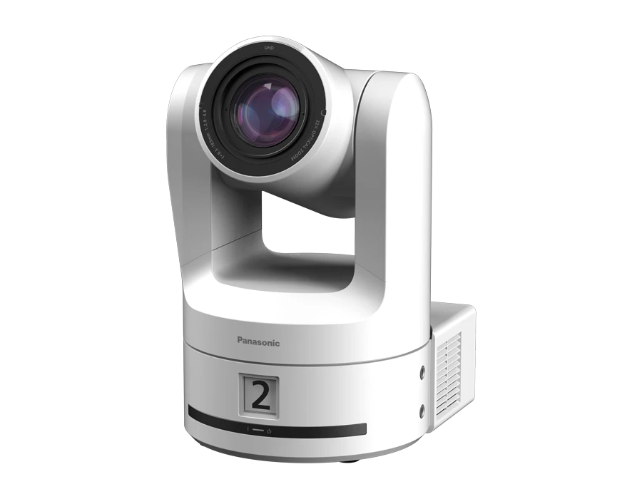 White Panasonic PTZ camera with a tally number display, announced model