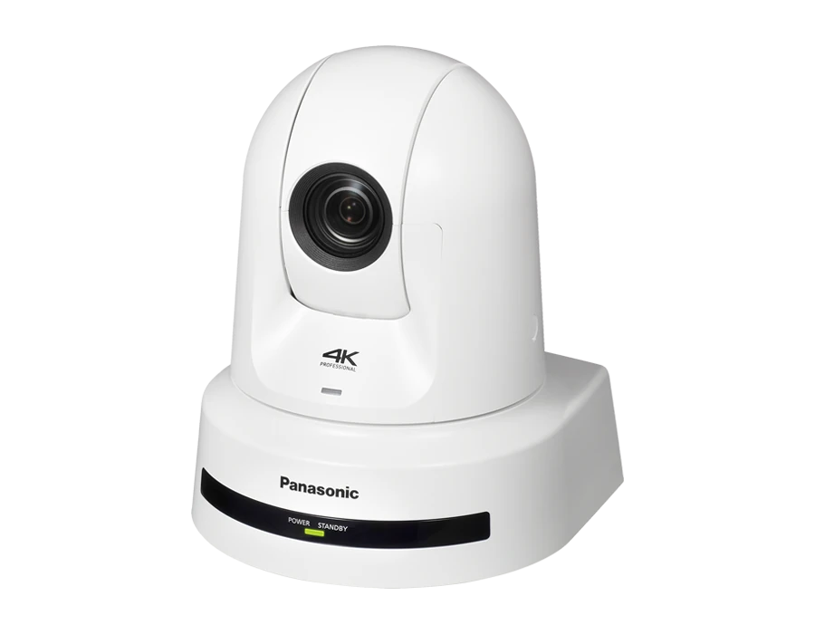 White Panasonic AW-UE80 PTZ camera, front view