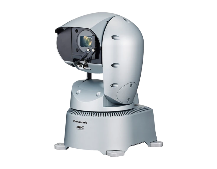 Silver Panasonic AW-UR100 outdoor PTZ camera with its wiper housing