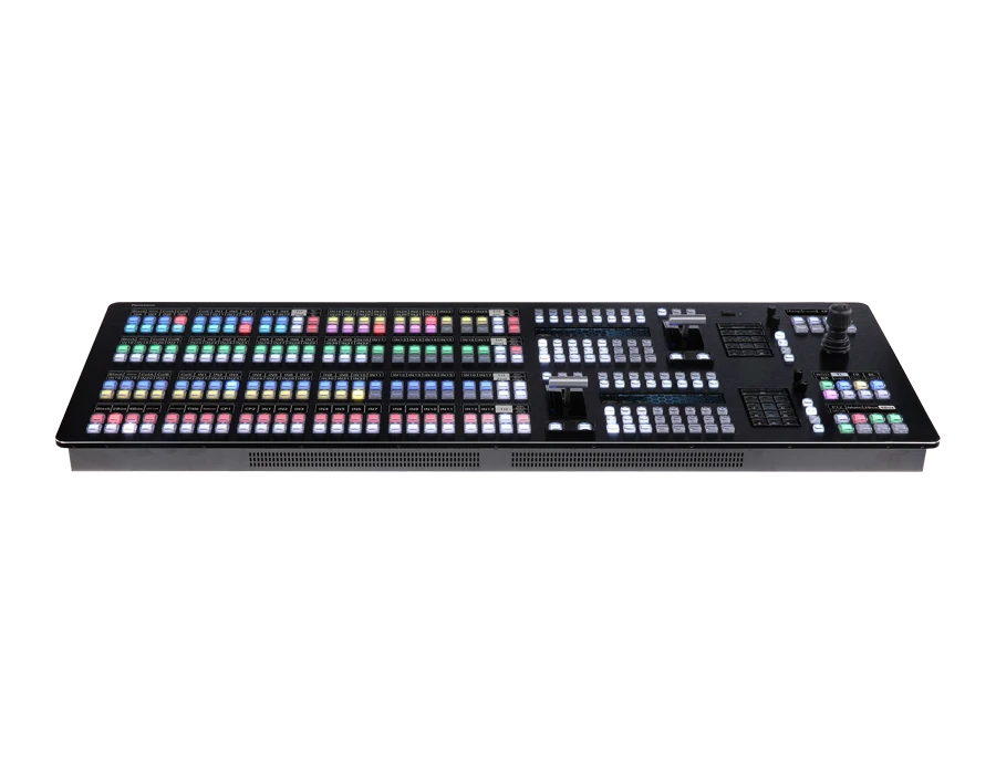 Control panel with two fader bars, a joystick and rows of lit buttons