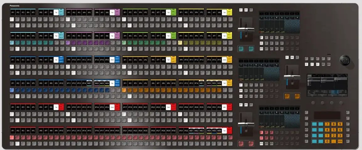 Wide control panel with three fader bars and dense rows of colored buttons, preliminary image