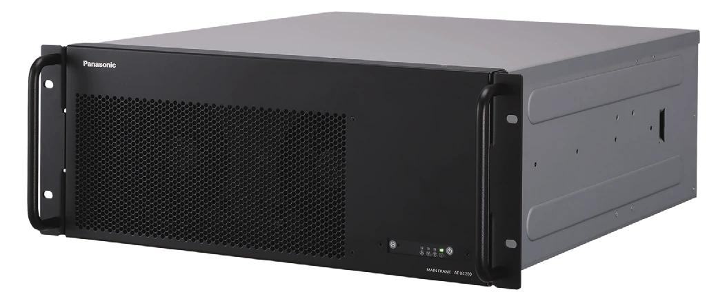Black 4RU rack-mount mainframe with a perforated front panel, seen from the front left