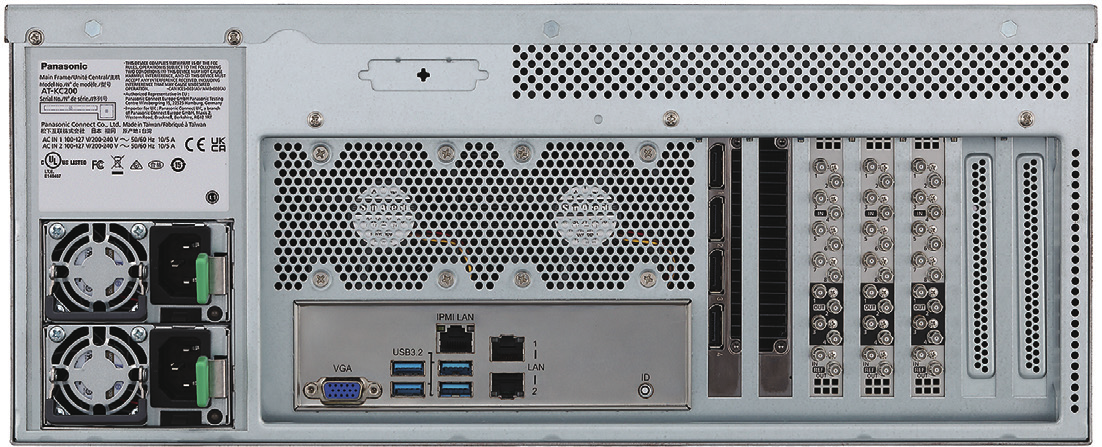 Rear panel of a rack mainframe with dual power supplies, network ports, four DisplayPort outputs and three boards of small BNC connectors