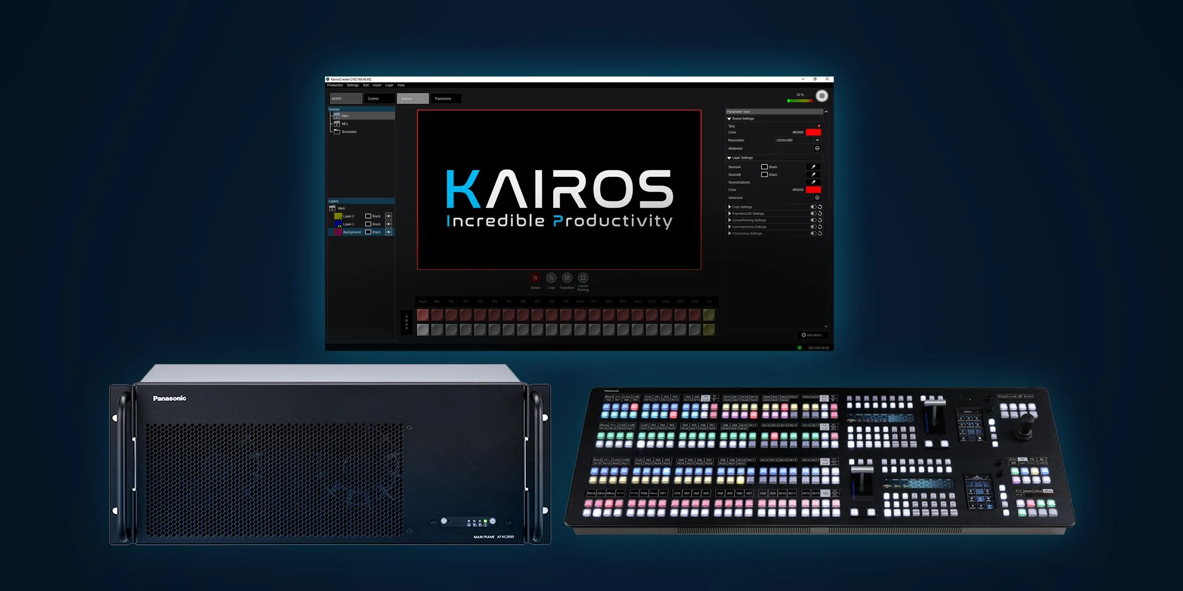 A Kairos Core mainframe and a two-row KAIROS control panel below a monitor showing the Kairos Creator interface, glowing on a dark background