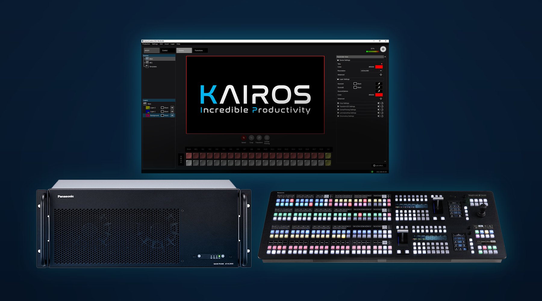 A Kairos Core mainframe and a two-row KAIROS control panel below a monitor showing the Kairos Creator interface, glowing on a dark background