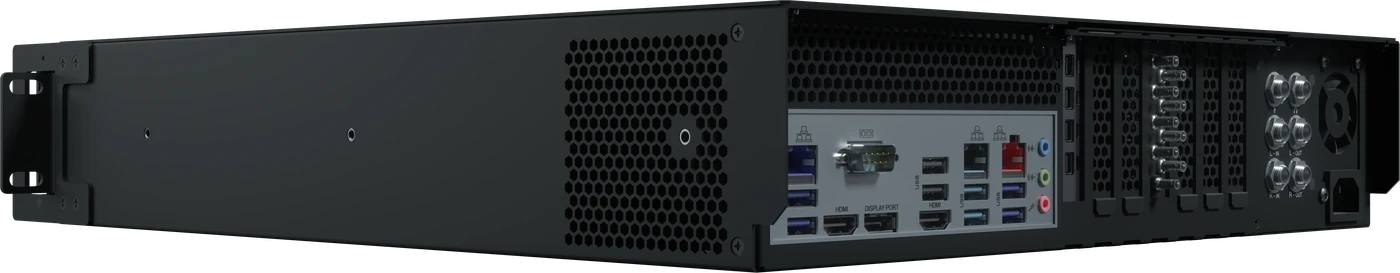 TriCaster Prizm with 8 SDI, rear and side view, Vizrt product rendering