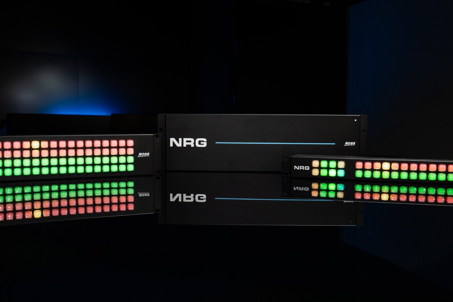 Ross NRG router frames of three sizes with backlit control buttons, against a dark background