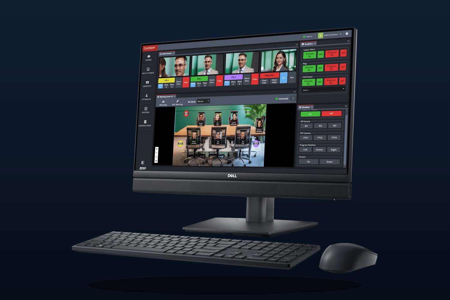 Quorum meeting production software on an all-in-one computer, showing a meeting room view, camera previews and controls