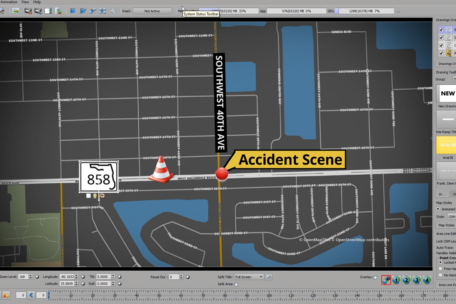 XPression Maps software showing a street map with an Accident Scene marker, a traffic cone and a highway shield