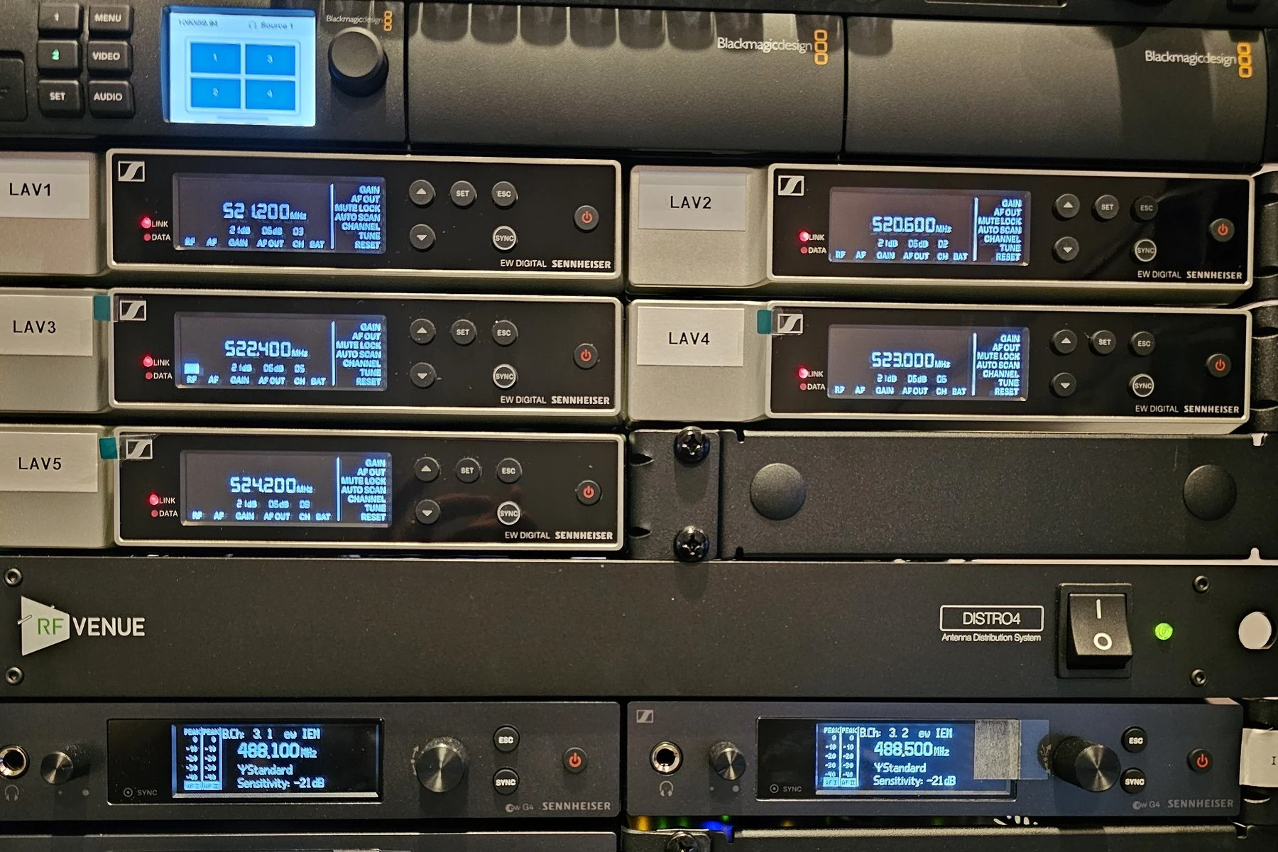 Five Sennheiser EW-D wireless receivers labelled LAV1 to LAV5, racked above an RF Venue DISTRO4 antenna splitter