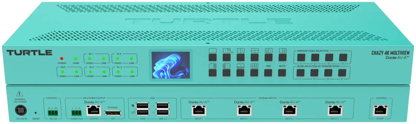 A teal Turtle AV CHAZY 4K Multiview rack unit with a small front screen, rows of buttons and four Dante AV-A network inputs on the back