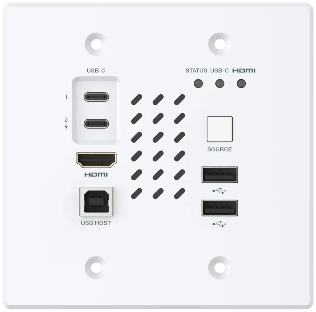 A white two-gang Turtle AV CHAZY 4K wall plate with two USB-C inputs, an HDMI input, a USB-B host port, two USB-A ports and a source button