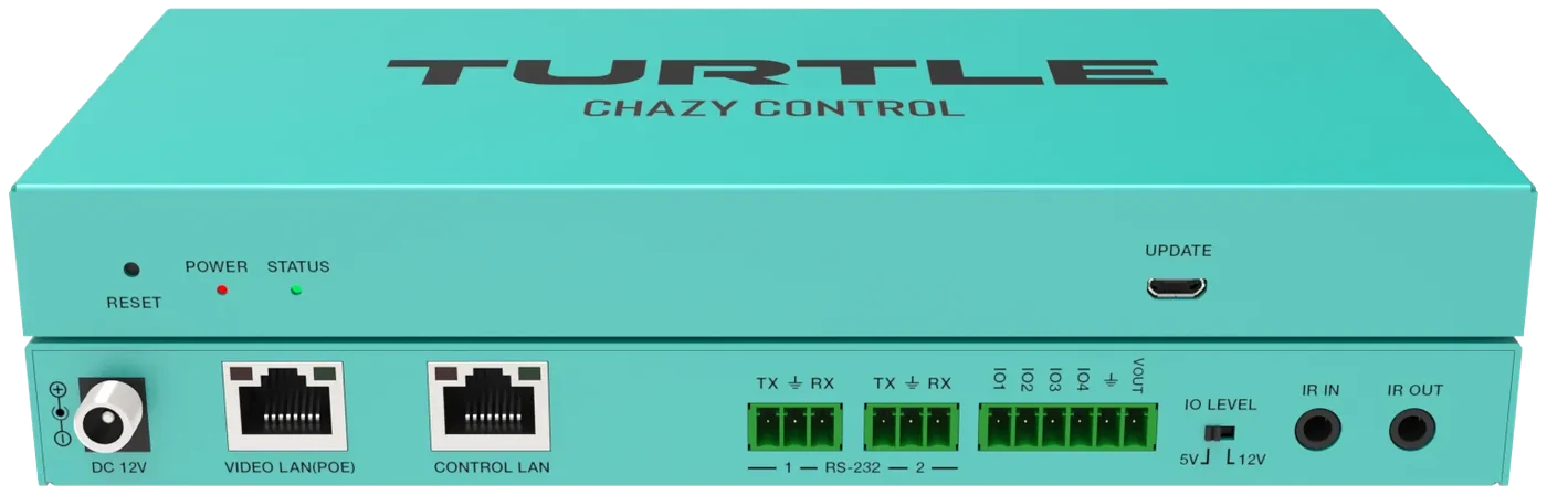 A teal Turtle AV CHAZY Control box, front and back, with power, two network ports, two RS-232 ports, control inputs and IR in and out