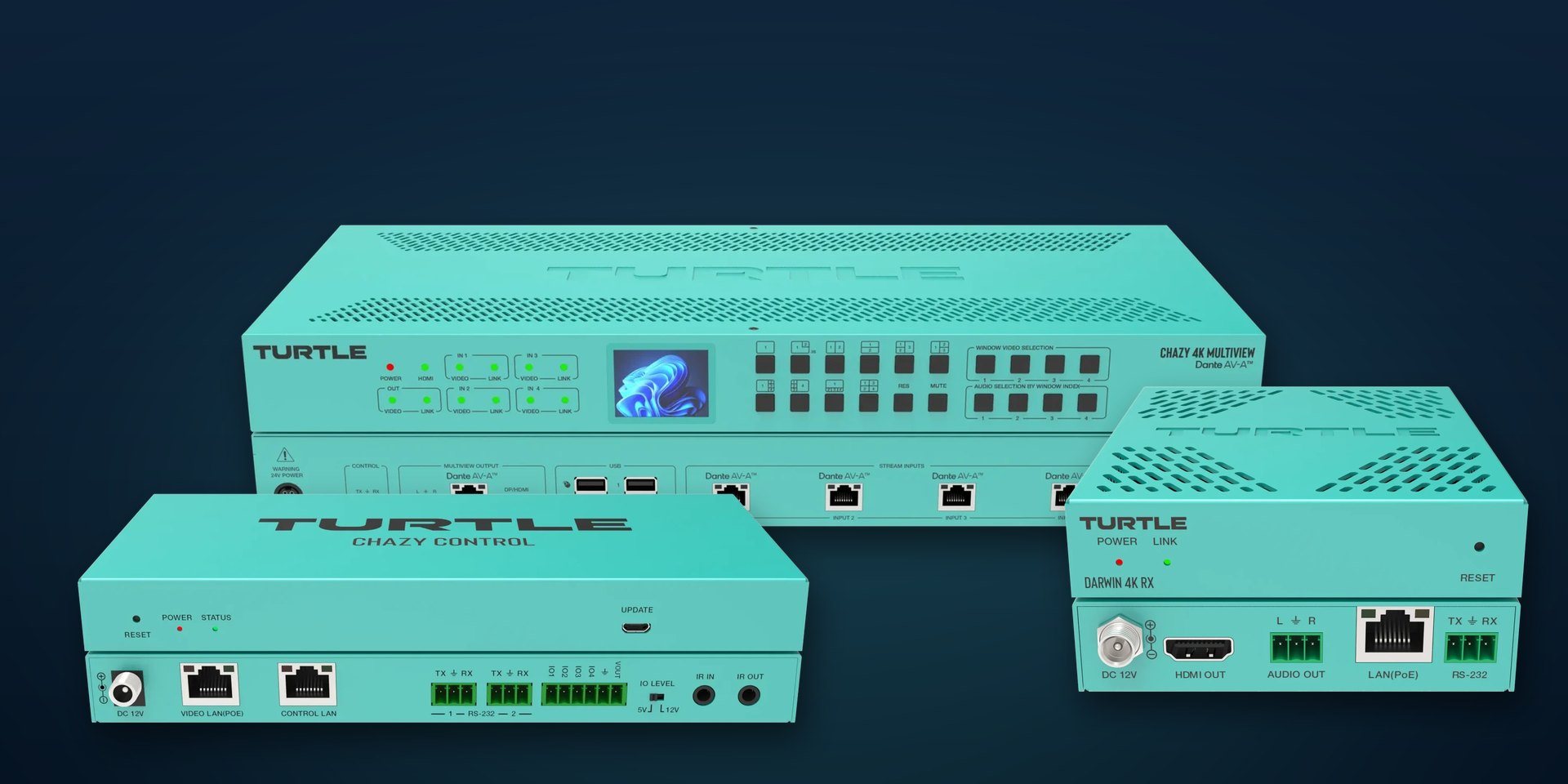 Three teal Turtle AV units on a dark navy background: the CHAZY Control box, the CHAZY 4K Multiview rack unit and a DARWIN 4K RX receiver