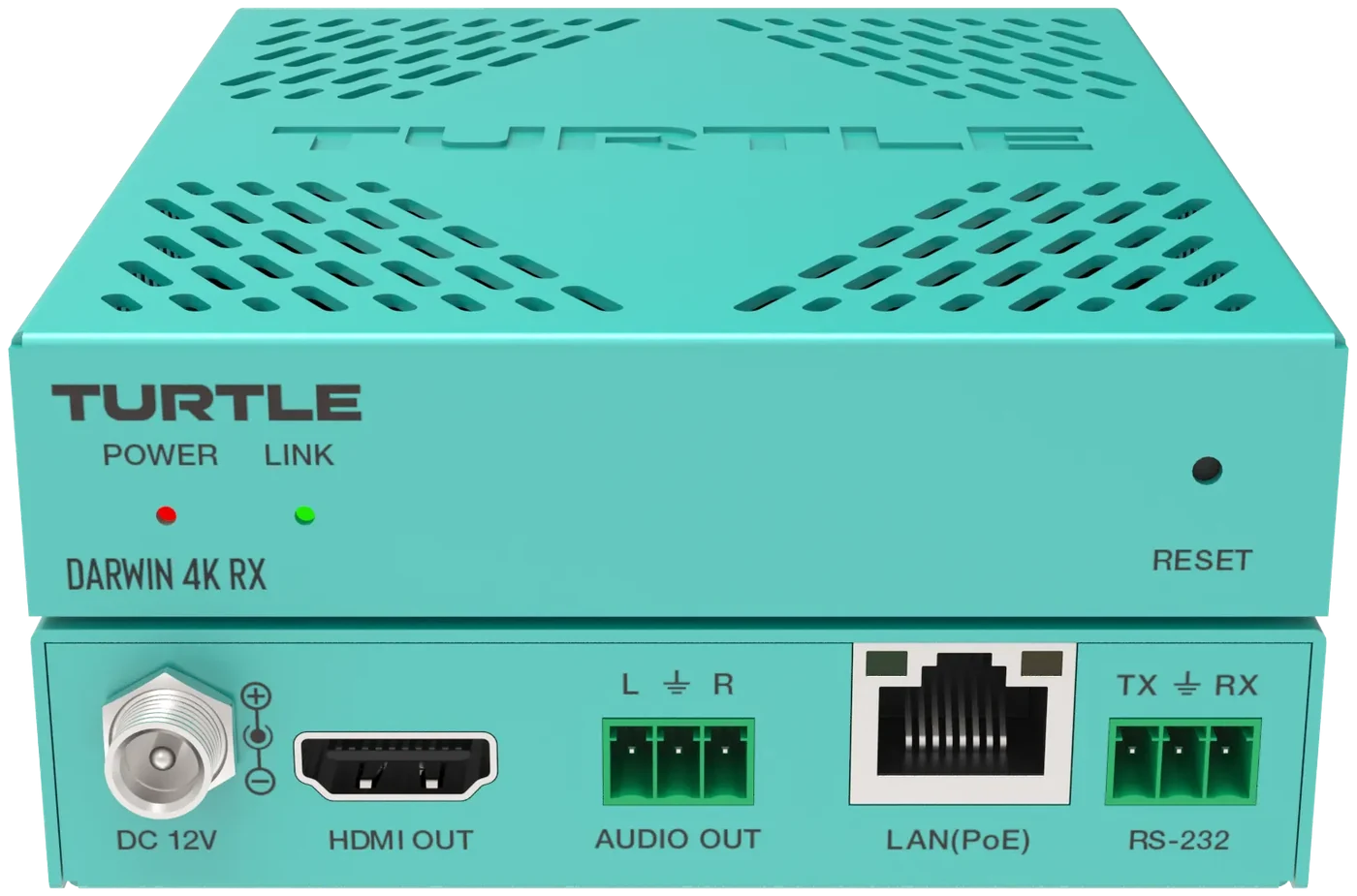 A teal Turtle AV DARWIN 4K RX receiver with power, HDMI out, audio out, a PoE network port and RS-232