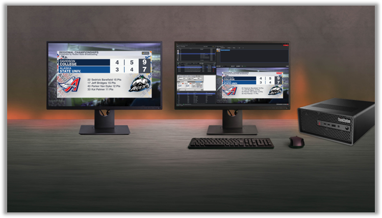 Viz Trio college sports graphics on a two-monitor workstation, Vizrt campaign image