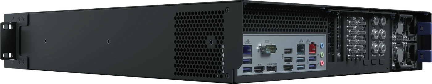 TriCaster Vizion 2RU with 16 SDI, rear and side view, Vizrt product rendering