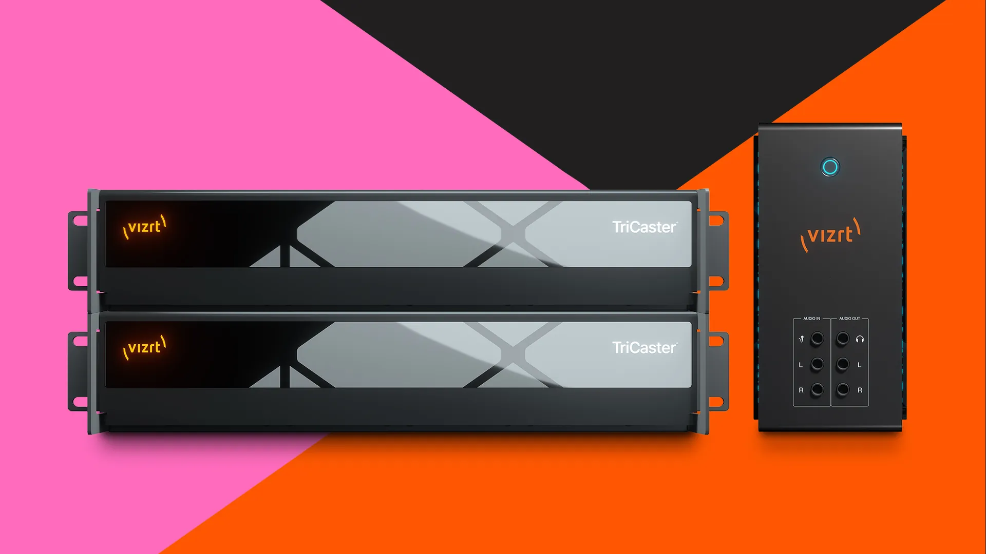 Two TriCaster 2RU systems beside a TriCaster Mini X on Vizrt's launch artwork